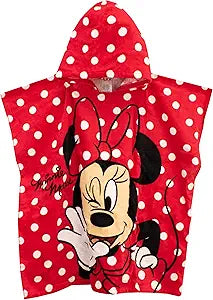Disney Girls Minnie Mouse Towel Kids Hooded Poncho for Bath Swim or Beach Red One Size
