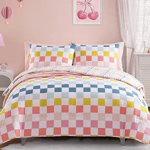 Wink Deer Twin Comforter Set for Girls-5 Pieces Colorful Checkered Twin Bedding Sets for Kids, Soft Bed in A Bag with Sheets