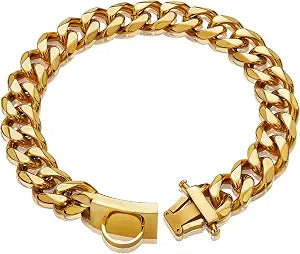 Gold Dog Chain Collar Walking Metal Chain Collar with Design Secure Buckle,18K Cuban Link Strong Heavy Duty Chew Proof for Large Dogs(19MM, 26")
