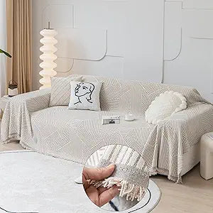 HANDONTIME Khaki Couch Cover Reversible Sofa Slipcovers Striped Sofa Towel Sofa Covers for 3 Cushion Couch Durable Couch Cover for Dogs Chenille Furniture Protector Cover with Tassel, 71" X134"