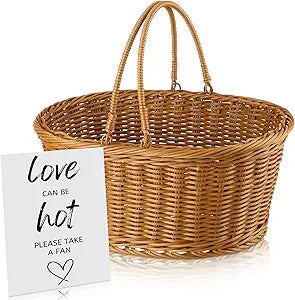AceOrbit Wedding Fans Storage Basket with Handle " Love Can Be Hot Please Take a Fan" Table Sign Handwoven Natural Wicker Rattan Storage Basket for Organizing Bridal Shower Wedding Fans for Guests