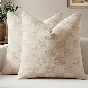 a moment Set of 2 Decorative Linen Throw Pillow Covers,Large Grid Textured Neutral Boho Farmhouse Cushion Covers,Soft Aesthetic Pillowcases for Couch Sofa Living Room Home Decor,24x24 Inch,Natural