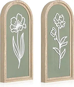 Parlor Boudoir Sage Green Bathroom Wall Decor Set of 2, 3D Wooden Floral Wall Art, Rustic Boho Farmhouse Arched Hanging Decor for Bedroom, Hallway