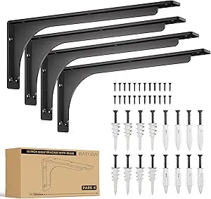 BATODA 16 Shelf Brackets with Beam (4pcs) - L Shelf Brackets Black - Hook Brackets for Floating Shelves - Wall Mounted Support for DIY Open Shelving  Mounting Hardware Included (Pack 4) (4, 16 Inch)