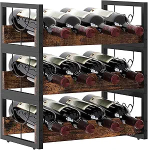 TQVAI Small Wine Racks 12 Bottle Countertop 3 Tier Wine Holder Bottle Storage Stackable Wine Racks Free Standing, Antique Brown