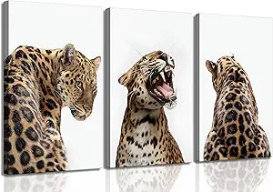 3 Pcs Leopard Roaring Canvas Wall Art Jungle Wild Animal Portrait Paintings Feminism Stylish Cheetah Aesthetic Poster Prints for Women Bedroom Living Room Bathroom Decorations (16x24in canvas)