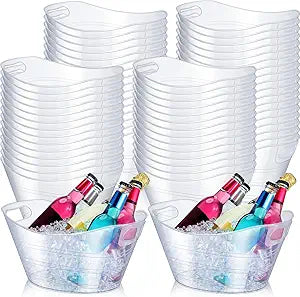 Norme 64 Pcs Oval Storage Tub with Handles, 4.5L Plastic Clear Ice Bucket Wine Beer Champagne Bottle Drink Cooler Tub for Christmas Parties Beverage, Storage Basket Gift