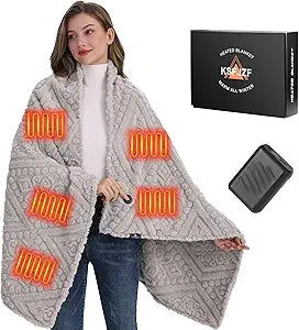 Shaggy Heated Throw Blanket with Power Bank- Soft Faux Fur Battery Heated Blanket, Fast Heating, 3 Heat Setting, Machine Washable Electric Blanket, Cordless Heated Blanket 59"x35.5"(Gray-Green)