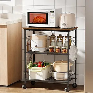 BEWISHOME Rolling Kitchen Cart 3 Tier, Microwave Kitchen Cart with Storage Function, Practical Roller Cart with 4 Locking Wheels for Kitchen, Living Room, Bathroom, Office, Bar (Brown) 99ZCC01H