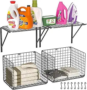 3IngSeagulls 2 Pack Laundry Room Shelves, Wire Baskets with 8 Hooks, Over Washer and Dryer Shelf, Wall Mounted Storage and Clothes Drying Rack, Black