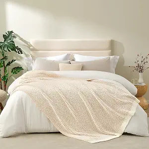 Snuggle Sac Cream Waffle Blanket for Couch Bed Sofa 60x80 inches, Reversible Beige Soft Throw Microfiber Fluffy Fuzzy Cozy Knit Twin Blanket for Women Mothers Birthday Gifts