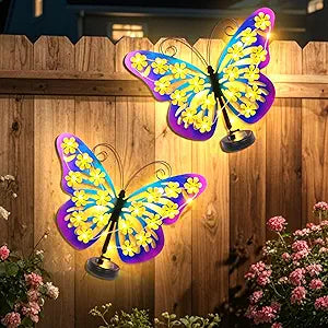 2 Pack Solar Lights Outdoor Metal Butterfly Wall Decor with 30 Led-13.5" Outdoor Fence Wall Art Decor, Gifts for Women Mom Grandma,Hanging Decoration for Garden Patio Porch Yard,Xmas Gifts for Women
