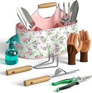 9-Piece Garden Tool Set, Heavy Duty Stainless Steel Rust-Proof ardening it with Ergonomic Wood Handles, Durable Metal Organizer Basket with 4 Compartments, Gardening Gift for Women, Mother