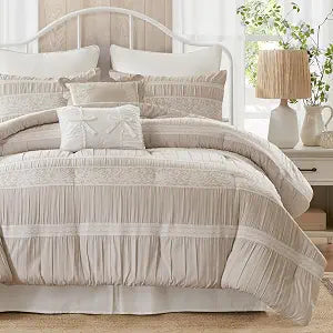 Madison Park 5-Piece Farmhouse Comforter Set with Ruching & Lace Trim, Soft Chambray Bedding, Includes Comforter and 2 Decorative Pillows, King, Neutral