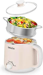 Dezin Hot Pot Electric with Steamer, Rapid Noodles Cooker, Stainless Steel Electric Pot 1.6 Liter, Perfect for Ramen, Egg, Dumpling, Soup, Oatmeal with Temperature Control and Keep Warm Function
