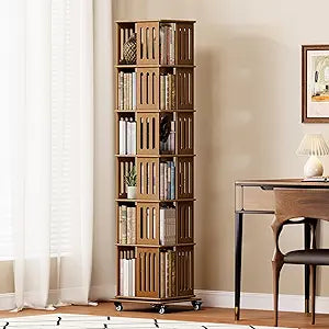 Turosur 6 Tier Rotating Bookshelf with Wheels, Solid Wood Spinning Bookcase Storage, 360 Display Square Revolving Book Shelf for Living Room, Home Office, Walnut