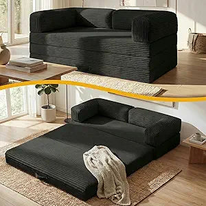 Erament Futon Sofa Bed, Convertible Tri-Folding Mattress Foldable Mattress with Removable Armrests & Washable Cover, Small Couch Bed with High-Density Foam, No-Assembly, Full, Black