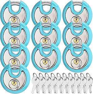 Chumia 10 Pack 70 mm Keyed Alike Padlocks Outdoor Round Stainless Steel Disc Pad Lock with Keys for Storage Unit, Sheds, Garages and Fence, Rubber Bumper Sheath (Cadet Blue)