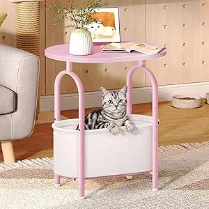 RALGEND Small Round Side Table with Fabric Basket Storage, Oval End Table for Small Spaces, Modern Coffee Bedside Table, Couch Side Table for Living Room, 15.7" X 11.8" X 24", Pink and White 8601BZPK