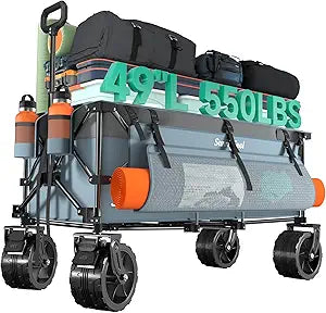 SUNNYFEEL 49" L Foldable Wagon Cart with Big Wheels - 550lbs Heavy Duty Extra Long Collapsible Shopping Cart - Utility Grocery Wagon for Garden Sports Camping Outdoor Activities (Blue)