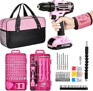 Pink Cordless Drill Set 202 Pcs, 21V Pink Power Drill Tool Set Kit with Storage Bag, Electric Drill Set for Women, Precision Screwdriver set, Magnetic Wristband, for Home DIY Projects