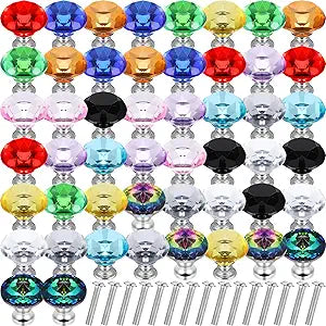 DoubleFill 50 Pcs Colorful Crystal Cabinet Knobs Glass Dresser Knobs 30mm Colored Diamond Shape Drawer Pulls Handle with Screws for Kitchen Wardrobe Bathroom Cupboard