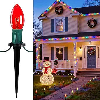Christmas Pathway Lights Outdoor, 25.7 Feet C9 Lights with 20 Multicolor Bulbs and Stakes, Connectable Outdoor Christmas Decorations Outside Yard Walkway Sidewalk Holiday