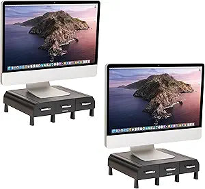 Mind Reader Monitor Stand, 3 Storage Drawers, Desktop Organizer, Riser, Office, 13.5"L x 13"W x 4"H, Set of 2, Black