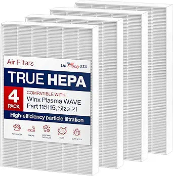 115115 4 HEPA Filter A Replacement for C535, 5300, 5300-2, 5500, 5500-2, 6300, 6300-2, P300, AM90, C909, 9800 Compatible with Winix Air Purifier Filter Replacement Plasmawave Size 21 by LifeSupplyUSA