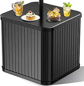 Umbrella Side Table with Umbrella Hole, 2-in-1 Outdoor Side Table & Umbrella Stand with Fillable Base, Heavy Duty Poolside Table Holds 132 lbs, Fits 1.5 Pole for Poolside & Backyard, Black