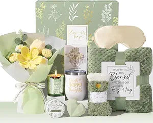 Birthday Gifts for Women Self Care Package Get Well Soon Gift Baskets, Thinking of You Sympathy Gift Set w/ Crochet Flower Bouquet, Unique Christmas Spa Gifts for Women Mom Her Best Friend Sister Wife