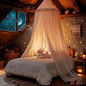 Princess Bed Canopy for Girls, Double Layer Canopy Fits Twin/Full Bed - Fairy Bed Tent for Kids Room Decor(with Cutout Stars,Pink)