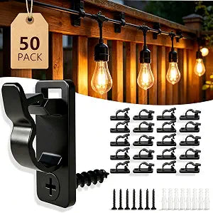 50 Pack Hooks for Outdoor String Lights, Christmas Light Cord Clips with Latches Screws, Weatherproof Rope Light Cable Clips for Outside Lighting Hanger Hooks Installed on Fence, Patio, Gutter, Gazebo