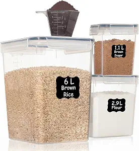 Shazo Flour Sugar Storage Containers Set of 3 (6L, 2.9L, 1.1L) Large Airtight Food Storage Containers with Lids, BPA-Free Plastic Container for Kitchen & Pantry Organizers, Cereal, Rice & Pasta