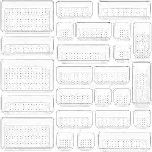 Vtopmart 25 PCS Clear Plastic Drawer Organizers Set, 4-Size Versatile Bathroom and Vanity Drawer Organizer Trays, Storage Bins for Makeup, Bedroom, Kitchen Gadgets Utensils and Office