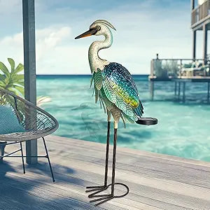HONGLAND Solar Heron Metal Crane Statue Garden Heron Sculpture, Glass Outdoor Crane Yard Art Coastal Ocean Bird Decor 24 Inch Lawn Ornament for Backyard Porch Patio DecorGreen