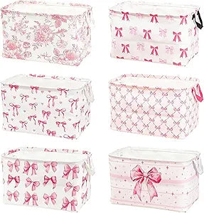 6Pcs Pink Bow Basket Set, Collapsible Storage Basket, Waterproof Canvas Bin with Leather Handles for Room Decor, Gift Baskets