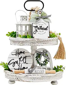 Houmury Set of 17 Farmhouse Tiered Tray with 1 Lantern Artificial Plant& Cutting Board Sign for Rustic Home Sweet Home Kitchen Decor Tier Tray Decor Set