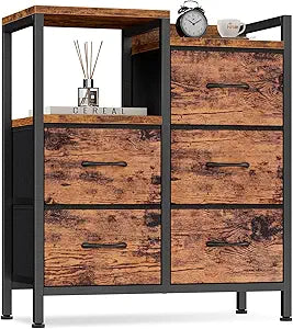 Furnulem 5 Drawer Rustic Brown Dressers for Bedroom 2 Tier Shelf Storage Small Fabric Dresser for Closet Sturdy Metal Frame Modern Style Storage Cabinets Organization Units for Hallway Rooms