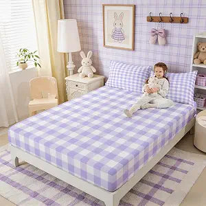 Gingham Fitted Sheet Full Size,Light Purple White Plaid Checkered Soft Fabric Deep Pocket Kids Mattress Cover,Grid Abstract Vintage Style Bed Cover with 2 Pillowcases (No Flat Sheet)