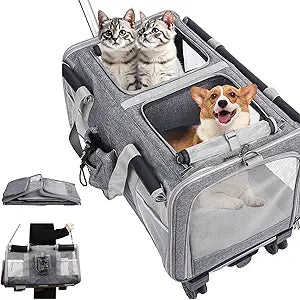 Large Cat Carrier with Wheels  Double-Compartment Foldable Pet Dog Carrier with Wheels for Multi Pets  Soft Rolling Backpack with Detachable Divider, Water Pocket, for Travel Camping Hiking