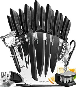 Home Hero Kitchen Knife Set - High Carbon Stainless Steel Blades & Built-In Sharpener - Ergonomic Handles & Cutlery Block Storage - Precision Cooking Prep with Chef Knife - 20 Pc, Black