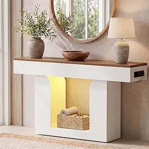 Homieasy Console Table, 47" Entryway Table with LED Lights & Charging Station, Farmhouse Wooden Sofa Table Behind Couch, Narrow Hallway Table for Living Room, Foyer, Entry, Antique White & Brown