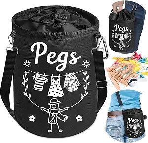 Clothes Pin Hanging Bag Outside with Hooks, Closing Cord and Shoulder Strap, Waterproof Clothespin Bag Holder Multiple Hanging Methods for Clothesline Laundry Peg Clip Organizer Outdoor Storage Use