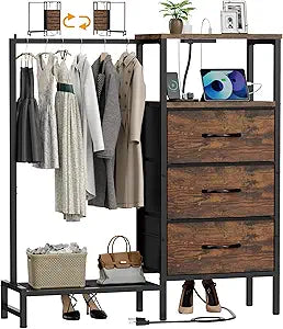 Dresser for Bedroom with Hanging Rack, 3 Drawers Closet with Charging Station, Fabric Chest of Drawers with Clothes Rack, Storage Organzier for Hallway Entryway, Brown