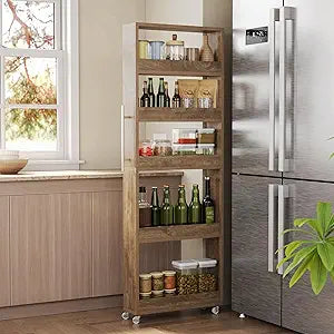 LITTLE TREE 63-Inch Slim Storage Cart on Wheels, 5-Tier Tall Narrow Mobile Shelf Organizer, Rolling Utility Cart with Metal Handle for Kitchen, Dining Room, Small Spaces, Brown