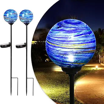 Solar Outdoor Decorative Lights Color Swirl Garden Stake Glaze Glass LED Globe Lights for Pathway Yard Lawn Decoration - 2 Pack Blue