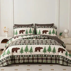 Smuge Lodge Moose Comforters Queen Size Set - 7 Pieces Bed in a Bag Bear Rustic Cabin Country Comforter Sets Queen Bed, Down Alternative Bedding Sets, Sheets, Pillowcases & Shams(Coffee Green)