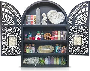 Large Crystal Display Shelf for Wall, Crescent Moon Phase Shelf Wall Decor, Wooden Arch Shelf, Tree of Life Crystal Holder Organizer, Cabinet for Gem Stone Rock, Spiritual Home Room Decor