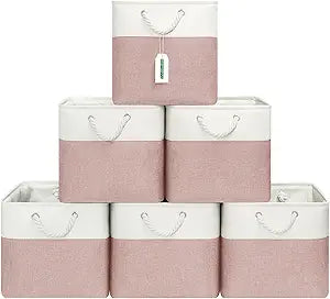 ECDYQXVU 13x13 Inch Cube Storage Bins with Reinforced Bottom Cardboard, 6 Pack Large Foldable Fabric Storage Cubes with Handles for Shelf, Closet, Laundry Organization (White&Pink)